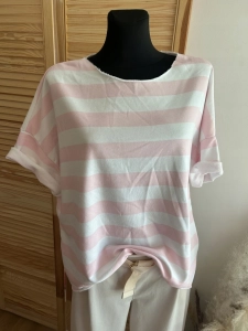 Bluzka damska oversize luźna Laserowo cięta Paski Modna Różowa