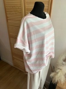 Bluzka damska oversize luźna Laserowo cięta Paski Modna Różowa