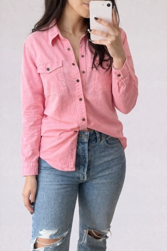 Koszula Jeansowa Bawełniana Stylowa Codzienna Różowa Casual na Guziki XL
