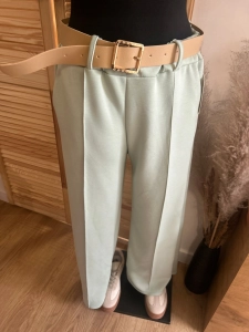 Elegancke spodnie szerokie nogawki WIDE LEG z paskiem i przeszyciem miętowe