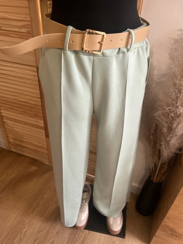 Elegancke spodnie szerokie nogawki WIDE LEG z paskiem i przeszyciem miętowe