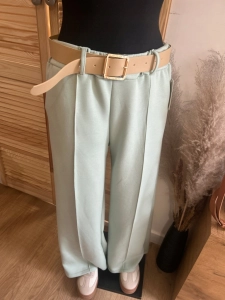 Elegancke spodnie szerokie nogawki WIDE LEG z paskiem i przeszyciem miętowe