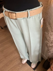 Elegancke spodnie szerokie nogawki WIDE LEG z paskiem i przeszyciem miętowe