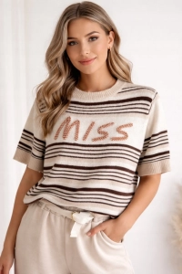 Sweter damski MISS modny krótki rękaw miękki jasny beżowy