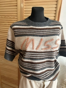 Sweter damski MISS modny krótki rękaw miękki brązowy czekoladowy