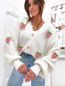 Sweter Damski Kardigan Truskawki Oversize Zapinany miękki biały