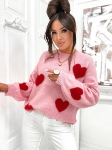 Sweter Damski Różowy Serca Serduszka Oversize Miękki Ciepły