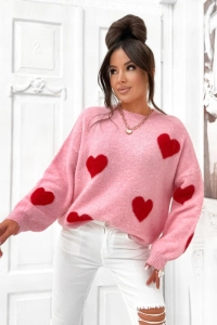 Sweter Damski Różowy Serca Serduszka Oversize Miękki Ciepły