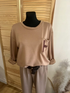 Bluzka Bluza damska oversize z kieszonką masełkowa casual beżowa karmelowa
