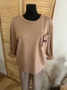 Bluzka Bluza damska oversize z kieszonką masełkowa casual beżowa karmelowa