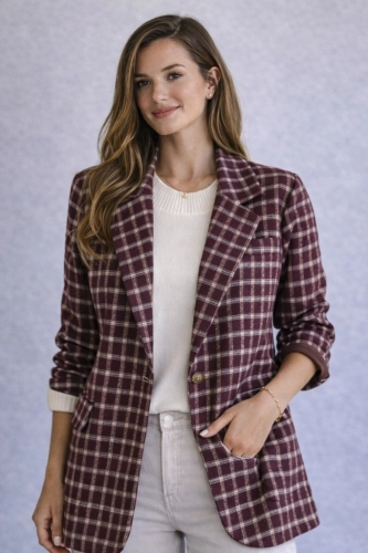 Marynarka damska w kratę stylowa casual i elegancka bordowa