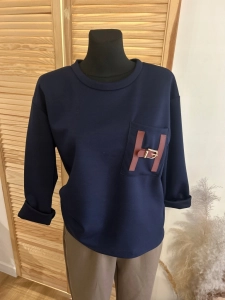 Bluzka Bluza damska oversize z kieszonką masełkowa casual granatowa