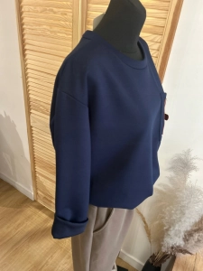 Bluzka Bluza damska oversize z kieszonką masełkowa casual granatowa