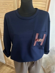 Bluzka Bluza damska oversize z kieszonką masełkowa casual granatowa