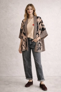 Narzutka kimono damskie kardigan wzór zebra oversize beżowy