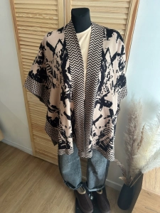Narzutka kimono damskie kardigan wzór zebra oversize beżowy