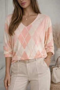 Bluzka Damska Serek w Romby Elegancka Sweter Lekki Casual Modna Różowa
