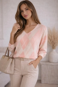 Bluzka Damska Serek w Romby Elegancka Sweter Lekki Casual Modna Różowa