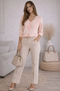 Bluzka Damska Serek w Romby Elegancka Sweter Lekki Casual Modna Różowa