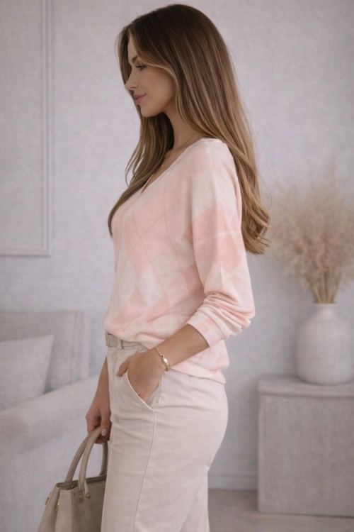 Bluzka Damska Serek w Romby Elegancka Sweter Lekki Casual Modna Różowa