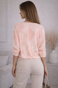 Bluzka Damska Serek w Romby Elegancka Sweter Lekki Casual Modna Różowa