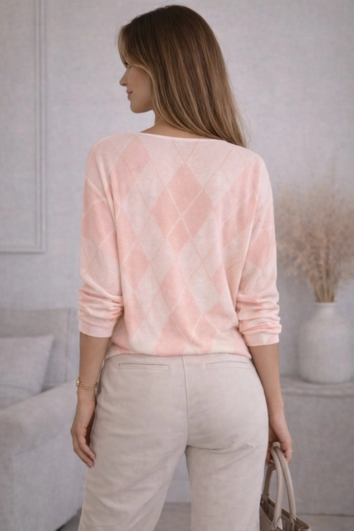 Bluzka Damska Serek w Romby Elegancka Sweter Lekki Casual Modna Różowa
