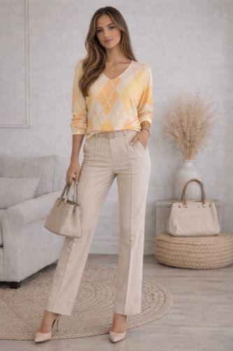 Bluzka Damska Serek w Romby Elegancka Sweter Lekki Casual Modna Żółta