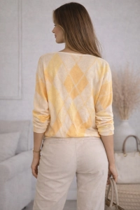 Bluzka Damska Serek w Romby Elegancka Sweter Lekki Casual Modna Żółta