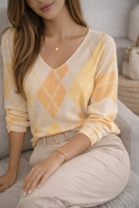 Bluzka Damska Serek w Romby Elegancka Sweter Lekki Casual Modna Żółta