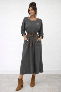Sukienka Damska Midi Pasek Kieszenie Oversize Elegancka broszka Szara grafi