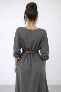 Sukienka Damska Midi Pasek Kieszenie Oversize Elegancka broszka Szara grafi