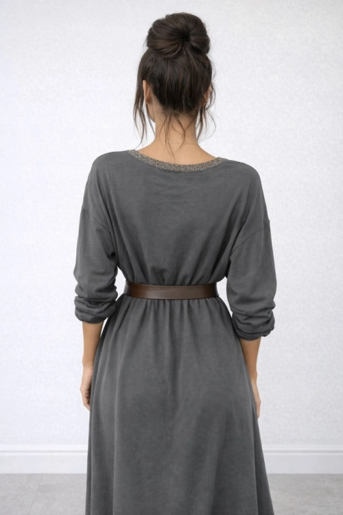 Sukienka Damska Midi Pasek Kieszenie Oversize Elegancka broszka Szara grafi