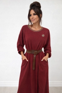 Sukienka Damska Midi Pasek Kieszenie Oversize Elegancka broszka bordowa