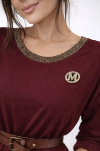 Sukienka Damska Midi Pasek Kieszenie Oversize Elegancka broszka bordowa