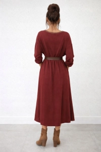 Sukienka Damska Midi Pasek Kieszenie Oversize Elegancka broszka bordowa