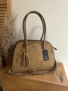 Elegancka Torebka Damska Kuferek Zamsz Eko Skóra Pasek shopperka brązowa