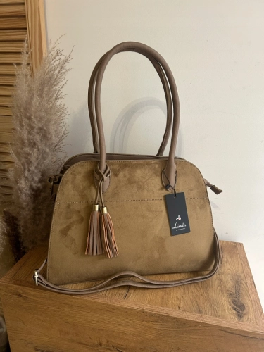 Elegancka Torebka Damska Kuferek Zamsz Eko Skóra Pasek shopperka brązowa