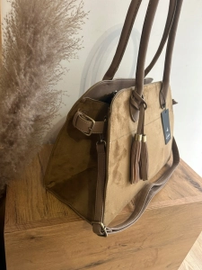 Elegancka Torebka Damska Kuferek Zamsz Eko Skóra Pasek shopperka brązowa
