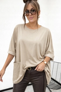 Bluzka damska oversize Megi plus size asymetryczna z kieszonkami beżowa