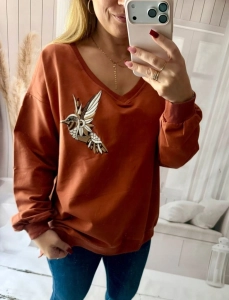 Bluzka damska MOTION z nadrukiem ptak serek oversize ruda