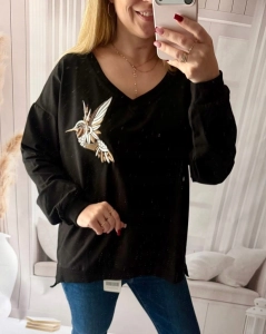 Bluzka damska MOTION z nadrukiem ptak serek oversize czarna