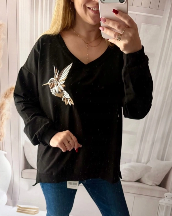 Bluzka damska MOTION z nadrukiem ptak serek oversize czarna