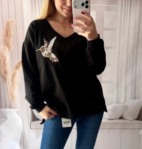Bluzka damska MOTION z nadrukiem ptak serek oversize czarna