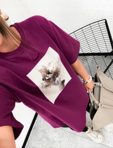 Bluzka damska MOTION z nadrukiem oversize krótki rękaw fioletowa