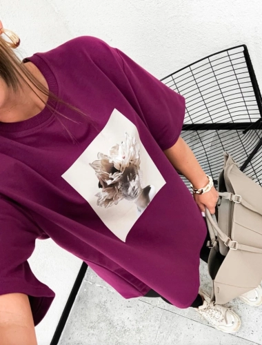 Bluzka damska MOTION z nadrukiem oversize krótki rękaw fioletowa