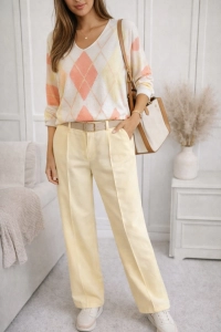 Elegancke spodnie szerokie nogawki WIDE LEG z paskiem i przeszyciem żółte