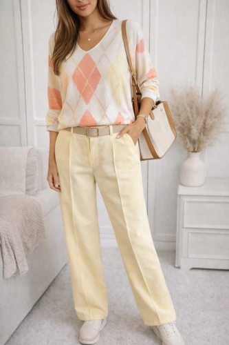 Elegancke spodnie szerokie nogawki WIDE LEG z paskiem i przeszyciem żółte
