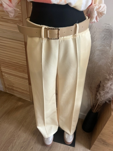 Elegancke spodnie szerokie nogawki WIDE LEG z paskiem i przeszyciem żółte