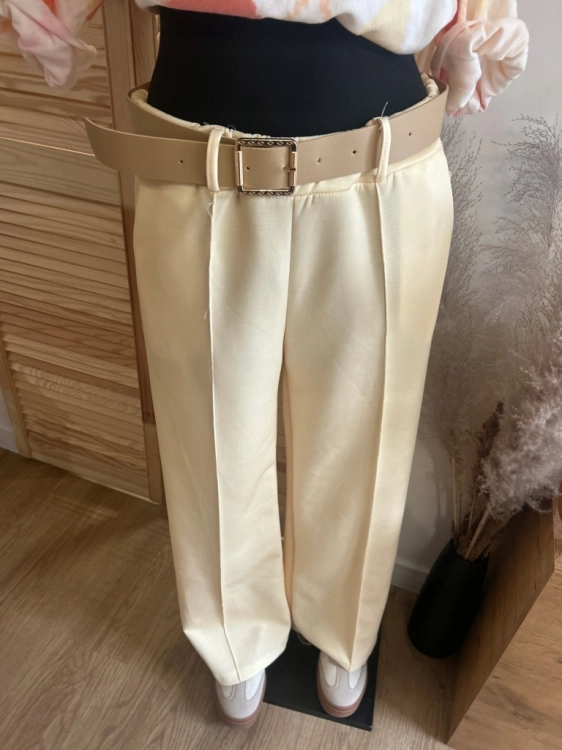 Elegancke spodnie szerokie nogawki WIDE LEG z paskiem i przeszyciem żółte