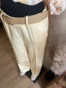 Elegancke spodnie szerokie nogawki WIDE LEG z paskiem i przeszyciem żółte